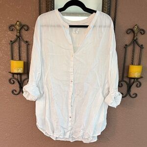Sigrid Olsen White Button-Front Roll-Sleeve Blouse